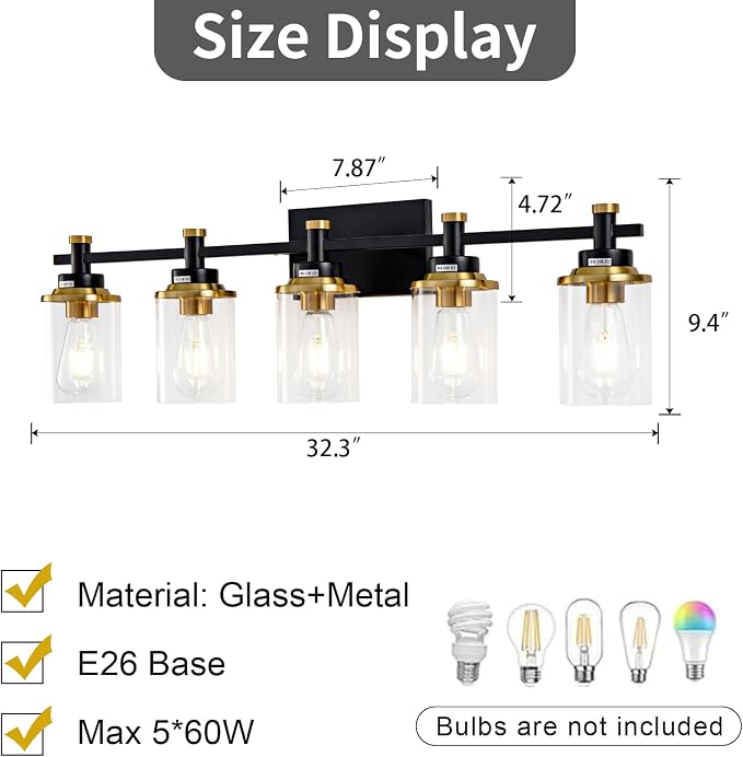 5-Lights Bathroom Light Fixtures, Gold and Black Bathroom Vanity Light Over Mirror, Brushed Gold Bathroom Light Fixtures with Clear Glass Shade for Hallway, Living Room