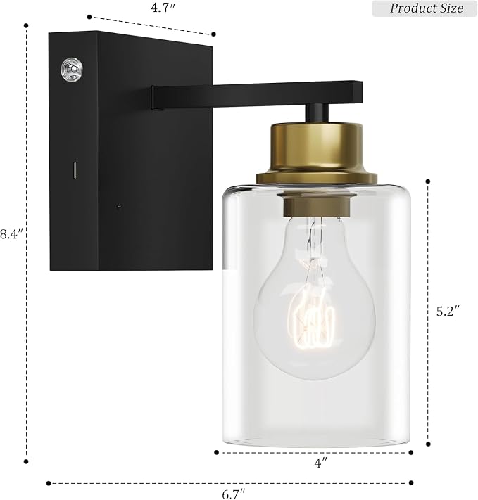 Rayogale Wireless Battery Operated Wall Sconce Set of 2 with Remote Control | Black & Gold Dimmable Rechargeable Wall Lights with Timer, Easy Install Glass Lamp for Living Room Bedroom, Emergency 3000K