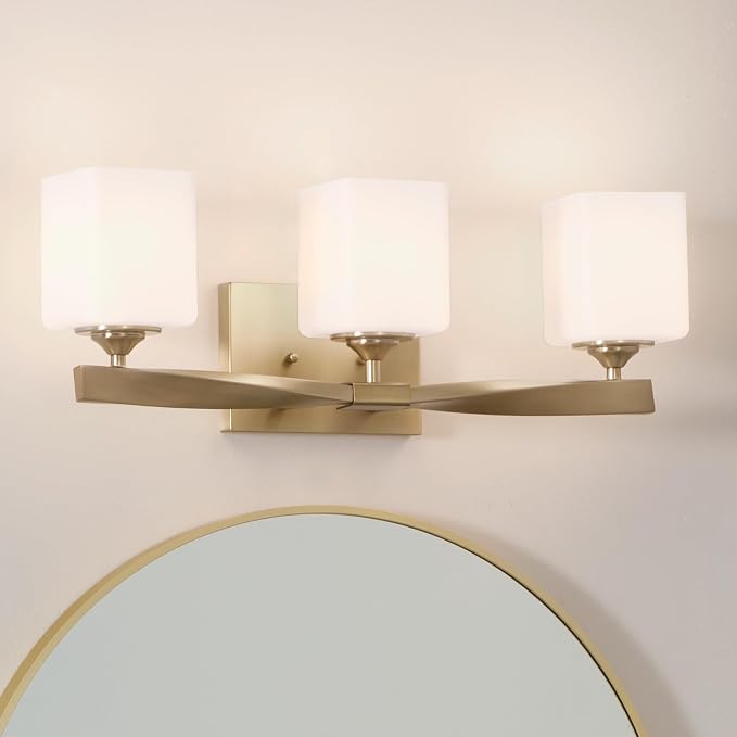 Kichler Marette 3-Light Bathroom Vanity Light, Champagne Bronze | Satin etched cased opal glass vanity light for bathrooms and powder rooms (23" x 8.25" x 6"), 55002CPZ