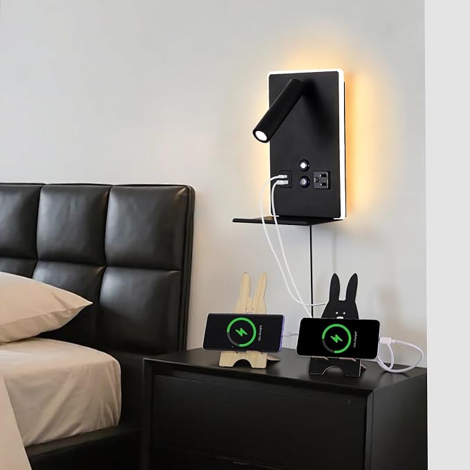 Wall Mounted Reading Light with Shelf - 3 Color Dimmable LED, 360° Adjustable Wall Lamp for Bedroom/Study, Touch Control (Black)