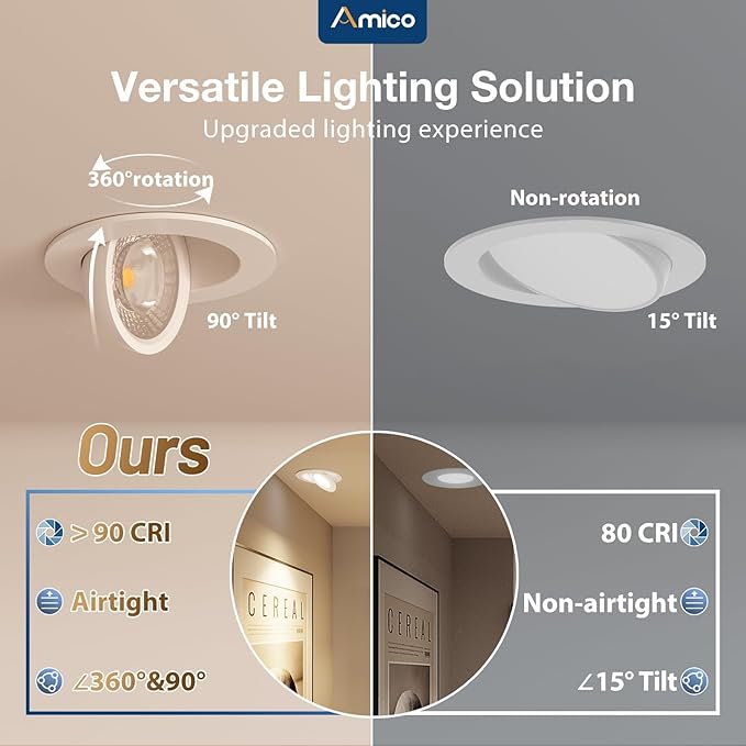 Amico 6 Pack 4 Inch 5CCT Gimbal LED Recessed Lighting, 360°&90° Adjustable Eyeball Directional Downlight, Dimmable, 2700K/3000K/3500K/4000K/5000K Selectable, CRI90+ 9W 700LM, ETL&FCC