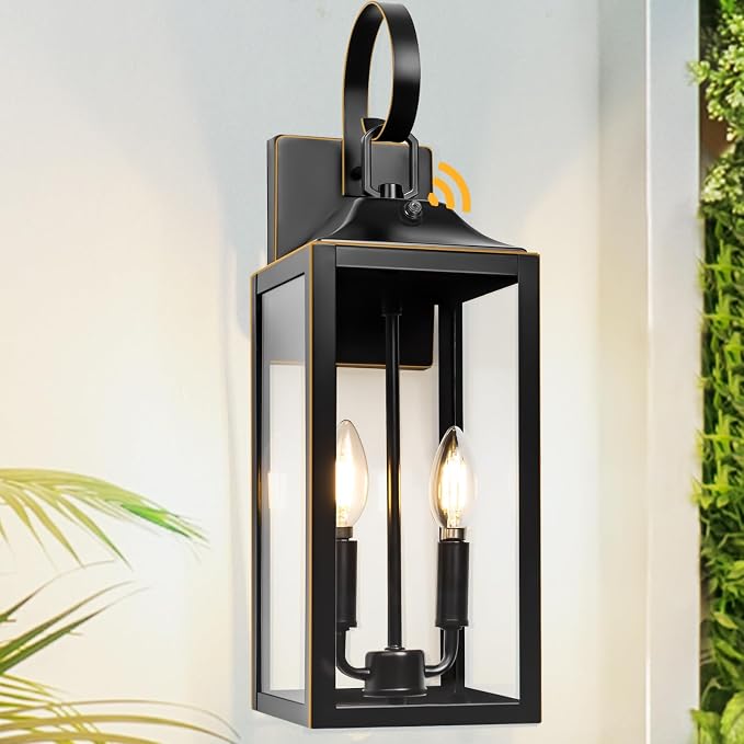 19" Dusk to Dawn Outdoor Lighting, Waterproof Large Outdoor Wall Lights | Modern Exterior Lighting Fixtures 2-Light with Clear Glass, Outdoor Porch Lights Wall Mount, Black with Gold Trim, 1-Pack