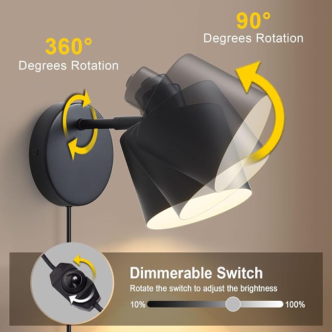 Lightess Black Plug in Wall Sconces Set of 2 Dimmable Corded with Switch | 350° Rotatable Lamp Head, Dimmable Corded Fixture With On Off Switch, Fits Bedside Kitchen Hallway; Bulbs Not Included