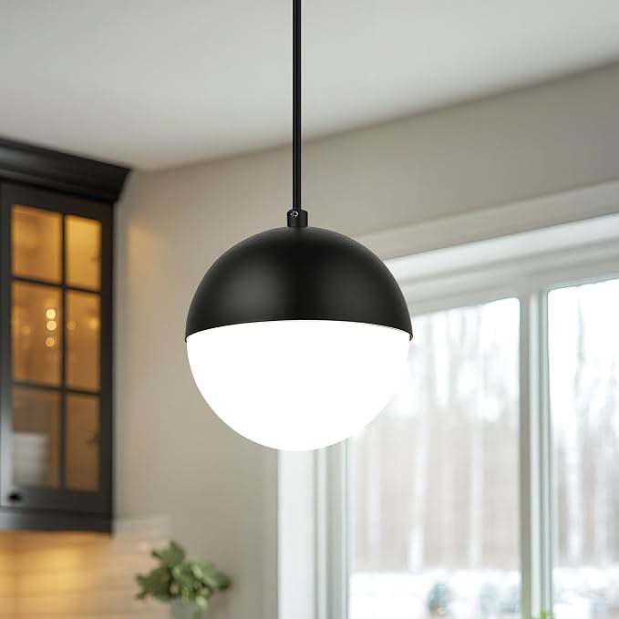 Mid Century Pendant Lights, Matte Black Kitchen Island Light Fixtures with White Globe Glass Shade, Adjustable Hanging Cord, 3 Pack for Home Office Dining Room Bathroom, LMS-186PL-BKWS3PK