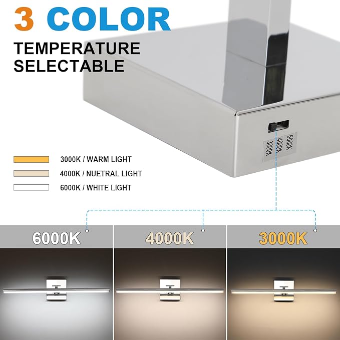 LED Bathroom Vanity Light, Modern Bathroom Light Fixture Over Mirror (3000K/4000K/6000K, Dimmable), Vanity Light Bar with Angle Adjustable, 32 Inch, Chrome