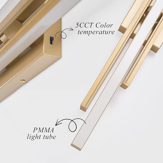 VitaLink Modern Gold Vanity Light Bathroom Wall Light Fixtures Over Mirror 35 Inch Long Dimmable 3-Light LED Bathroom Wall Lighting 5CCT(3000K/3800K/4500K/5200K/6000K)