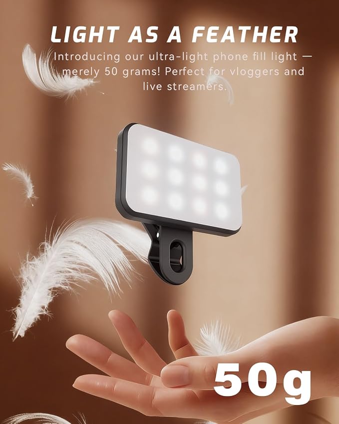 Portable Selfie Light for iPhone: Rechargeable Phone Fill Lights, Ring Light for Camera Picture, Makeup Photo, Video Conferences, Laptop Use, Zoom Meetings, TikTok, Vlog Photography