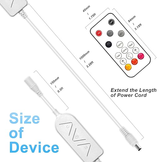 1-Way DC 12-24V Led Strip Light Dimmer Switch for Single Color with DC Plug,15-Key Wireless RF Remote and in-line Controller for 3528/2835/5050/COB LED Strip Lights, Timer Function