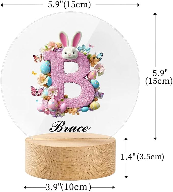 Personalized Pink Bunny Easter Egg 3D Initial LED Night Light with Name & Wooden, Base Room Decor, Birthday Party Easter Gift