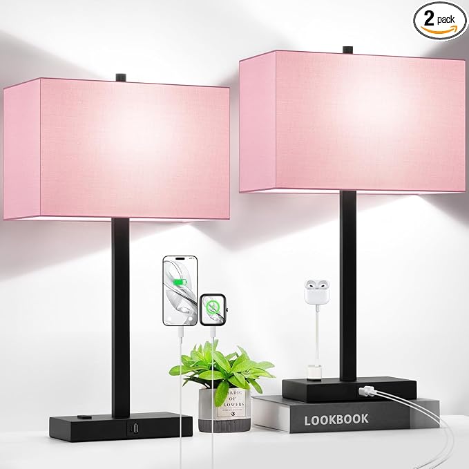 Lynnoland 21" Set of 2 Table lamp with USB A+C & AC Outlets, Touch Control 3-Way Dimmable Nightstand Lamps for Bedroom Living Room Office Reading, Pink Shade Touch Lamps, 5000K LED Bulbs Included