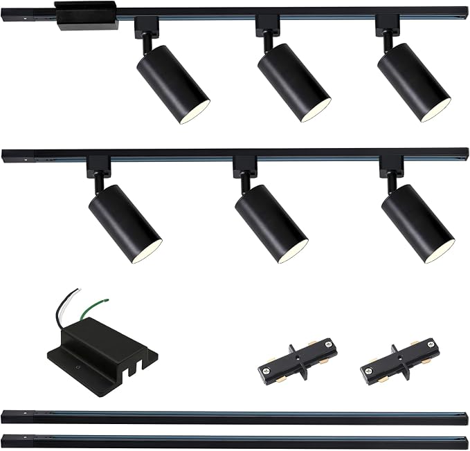 6-Light LED Track Lighting Kit with 6.6FT H Type Track Lighting Rails and Floating Canopy Connector, Modern Kitchen GU10 Track Lighting Fixtures Ceiling Spot Light, Black (No Bulbs)