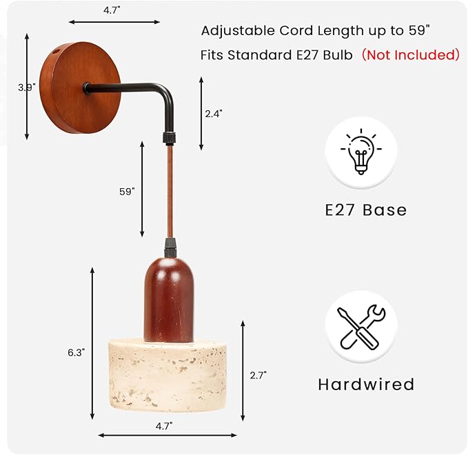 Faux Travertine Wall Sconce, 4.7" Hardwired Wall Mounted Light, Adjustable Height Mid Century Modern Marble Lamp for Bedroom, Bedside, Reading (E26 Bulb Not Included)