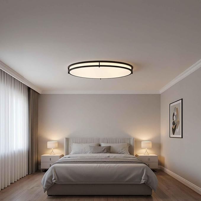 24 Inch Oval Black Ceiling Light Fixture for Living Room - 24” Black Flush Mount LED Ceiling Lights 3000K/4000K/5000K LED Kitchen Bathroom Light Oval Bedroom Lamp, 32W, 2100LM, Steel and Polystyrene