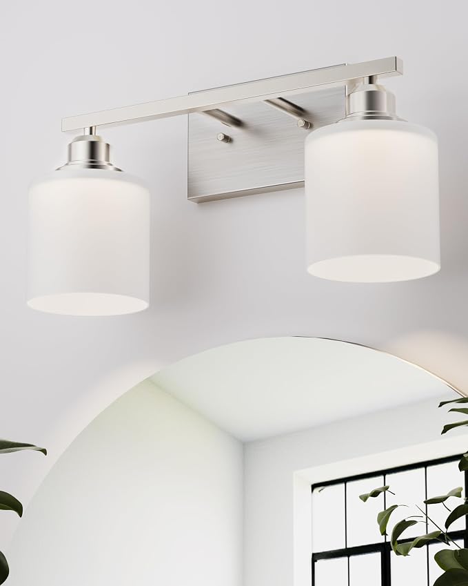 Bathroom Light Fixtures 2-Light, Brushed Nickel Vanity Lights Fixtures, Modern Bathroom Vanity Light Over Mirror, Milky White Glass Shade & Anti-Rust Nickel Finished, Small Bathroom Light