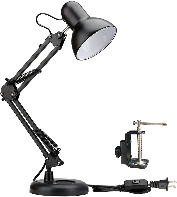PowerKing Metal Swing Arm Desk Lamps, Adjustable Architect Lamp, Black | Metal Material, Adjustable & Flexible, Fits E26 E27 Bulbs, 2-in-1 Design, Eye-Caring Reading Light, for Home & Office