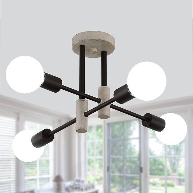 Farmhouse Ceiling Light Fixtures,Oak+Black,4-Lights Rustic Vintage Metal Sputnik Chandelier for Bedroom Living Room Dining Room Kitchen Entryway Hallway Office UL Listed