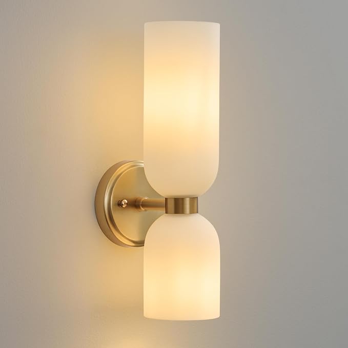 Mid Century Bathroom Wall Sconce: Modern Indoor Milk Glass Vanity Sconces | Frosted White Dimmable Lighting Fixture with Bulb, Brushed Brass Gold Double Lights for Bedroom Living Room Decor