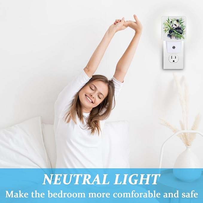 Watercolor Panda Bamboo Night Light, Plug-into Wall Cute Animal Asian Bear Nightlight Lamp with Dusk to Dawn Sensor, Led Lamp 0.5W Energy Efficient for Boys Girls Adults Home Decor