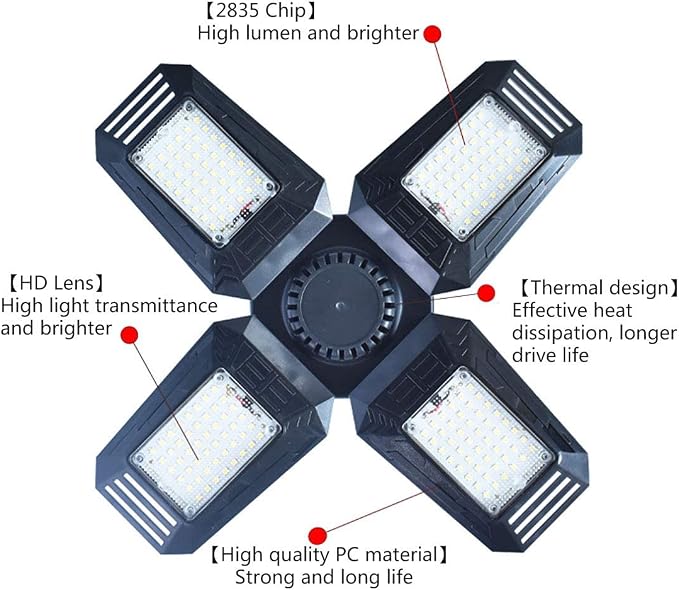 Deformable LED Garage Lights - 12000 Lumen 6500K Daylight 120W, Four Leaf Garage Organization Ceiling Lighting, Pack of 2