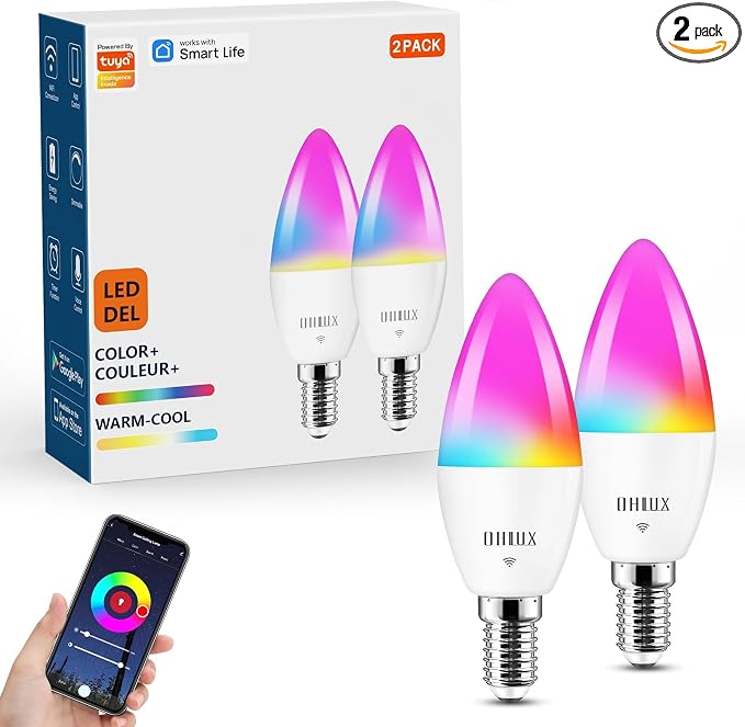 OHLUX 2 Pack E12 LED Bulb, 5W 40 Watt Equivalent Dimmable Smart Candelabra Bulbs Compatible with Alexa, Google Home, Color Changing, Music Sync, Voice Control, Timer