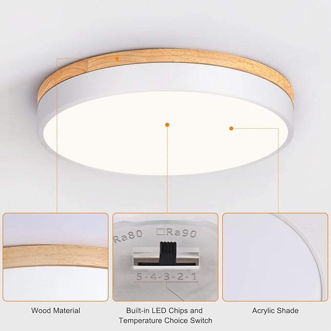 Yiisem Dimmable Wood LED Flush Mount Ceiling Light, White, 15.8 in | 5CCT 2700K-6000K Modern Close to Ceiling Lighting Fixtures, Round Ceiling Lamp for Living Room, Bedroom, Laundry Room