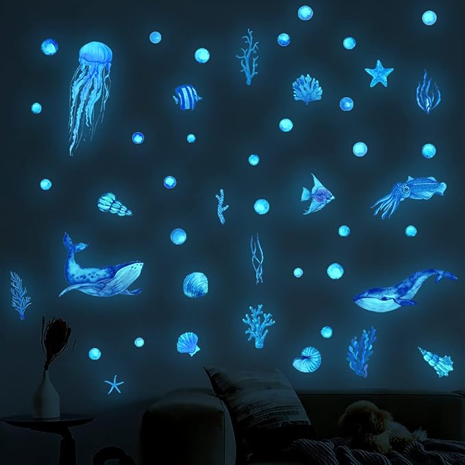 DIY Creativity Starry Sky Astronaut Night Light Wall Stickers Cartoon Rabbit Stickers Star Spaceship Night Light Stickers Room Decoration Wall Stickers (Sea World)