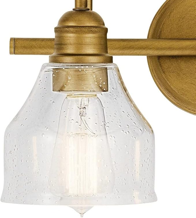 KICHLER Avery 15" Bathroom Vanity Industrial 2 Light Wall Fixture with Clear Seeded Glass in Natural Brass, for Bathroom (8.25" x 15" x 9.5") 45972NBR