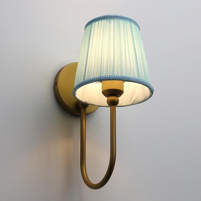 Vintage Set of 2 Fabric Wall Sconce Blue Gauze Cloth Shade, Hardwired Curved Arm Bathroom Vanity Lights, Indoor Wall Decor Lamp for Living Room, Kitchen, Bedroom, Foyer