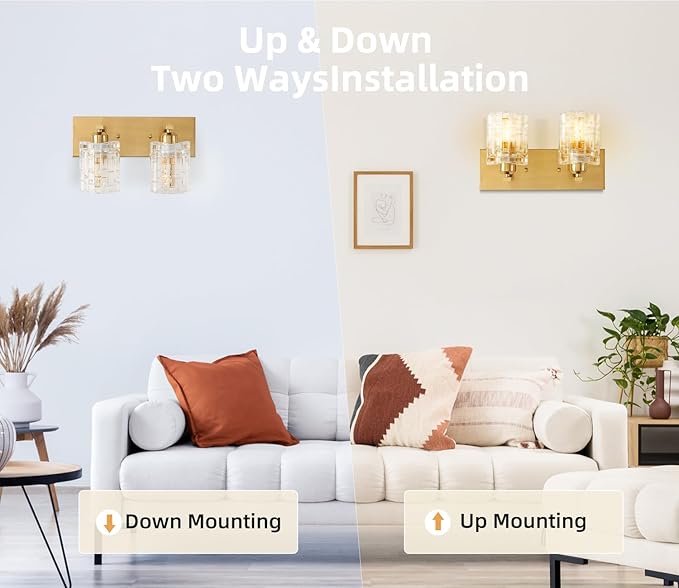 Brushed Gold Crystal Bathroom Vanity Light,2 Lights Modern Bathroom Wall Light,Over Mirror Light Fixtures for Living Room, Bedroom, Hallway