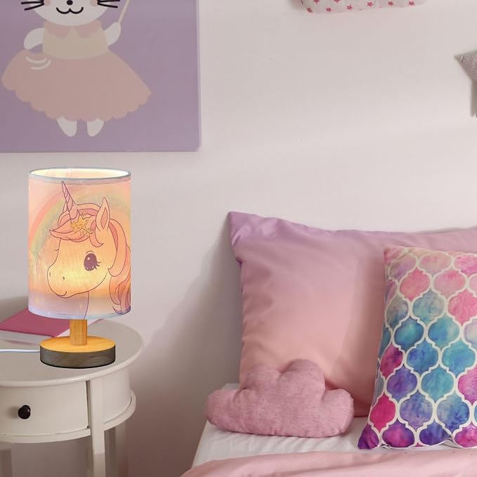 Pink Unicorn with Rainbow Hearts Bedside Table Lamps with USB Port for Bedroom Lamp Accent Table Lamp Small Nightstand Lamp Sturdy Linen Shade Wooden Base Decorative Lamps for Kids Reading Dorm Home