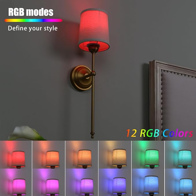 Battery Operated Sconces Wall Lighting Set of 2 with Fabric Shade | Linen Cloth Wall Sconces RGB Color Changing USB Rechargeable Wall Mounted Lamp for Living Room Bedside Nightstand Light