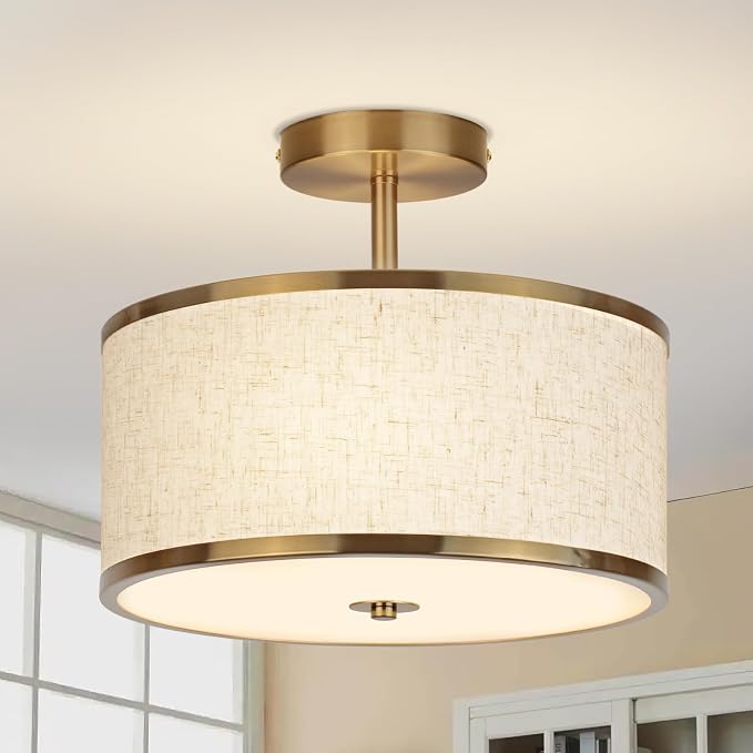 CALOKES 12.6 Inch Semi Flush Mount Ceiling Light, 3-Light Drum Lamp with Gold Brass Finish and Beige Shade, Ideal for Bedroom, Kitchen, Dining Room, Hallway, Entryway, and Foyer,