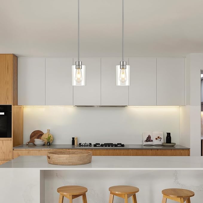 Modern Farmhouse Brushed Nickel Pendant Lights, Mini Hanging Light Fixture with Clear Glass Shade, Adjustable Rods for Kitchen Island, Sink, Bar (1 Pack)