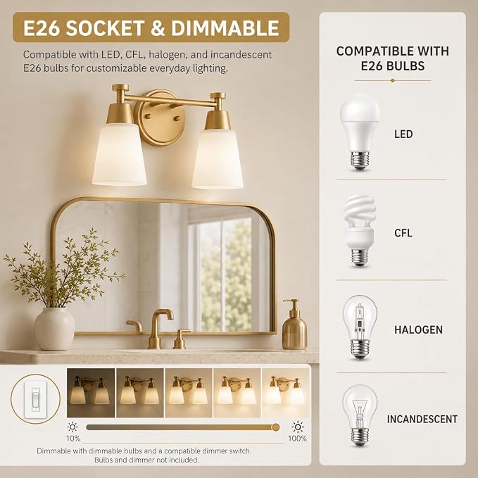 2 Light BathroomVanity Lights, Brushed Gold Wall Sconce Light with Frosted Glass, Bathroom Over Mirror Light Fixtures for Living Room, Bedroom, Hallway