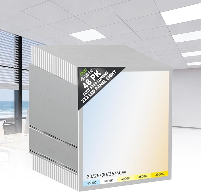 OKQ 2x2 LED Flat Panel Light Drop Ceiling Office Shop Commercial Warehouse Fixture, 5 CCT 3000K-6500K Adjustable & 5 Wattage Selectable,6000Lm 0-10V Dimmable, ETL Listed (48Pack)