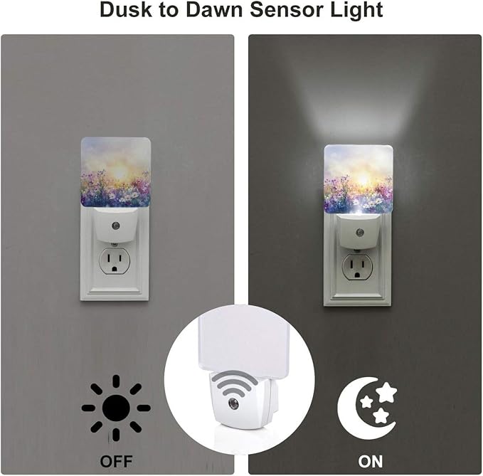 Watercolor Spring Flowers LED Plug-in Night Lamp 2 Piece Set, Nightlights Set of 2 for Bedroom Bathroom