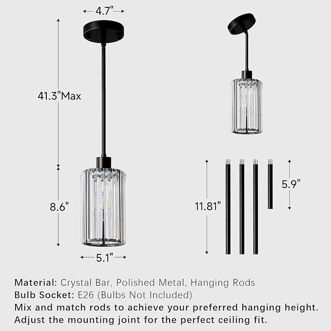 5.1" Mini Modern Black Crystal Kitchen Island Pendant Lights 2 Pack | Small Crystal Glass Shade, Sparkling Crystal Reflections, Customizable Hanging Height, Fits Most Ceilings, Matte Black Finish