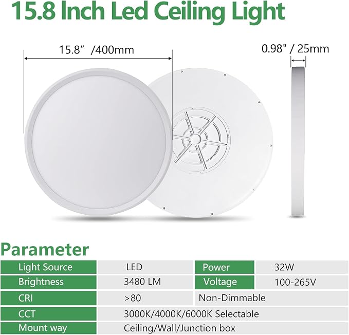 15.8Inch 6PK White LED Flush Mount Ceiling Light, 32W, 3480LM, 3CCT | 3000K/4000K/6000K CCT Selectable, White Close to Ceiling Round Flat Panel Light, Super Slim LED Ceiling Light for Bedroom