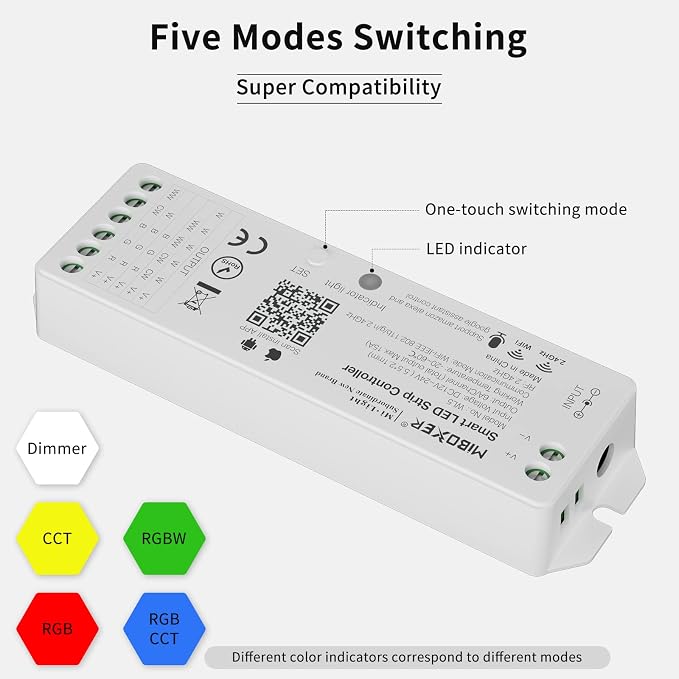 PAUTIX WiFi 5-in-1 LED Controller Dimmable for Monochrome CCT RGB RGBW RGBCCT LED Strip Lights Compatible with Tuya APP/Smart Life/Alexa/Google Home/Siri,DC12-24V Lights Controller(Without Battery)