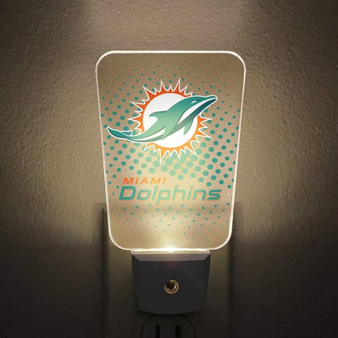 Party Animal NFL Team LED Night Light, with Auto Sensor and 3 Light Settings, Slim 5-Inch Design fits Standard Outlets, Miami Dolphins