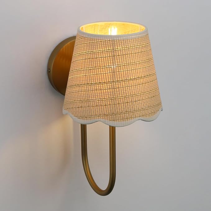 Hardwired Set of 2 Wall Sconces Boho Rattan Lampshade, Vintage Curved Arm Bathroom Vanity Lights, Indoor Wall Decor Lamp for Living Room, Bedroom, Foyer