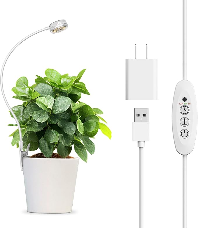 Small Clip-On Grow Light for Indoor Plants, Full Spectrum Timer | 5W full-spectrum 4000K LED delivers focused close,Auto on/off timer,4 dimmable brightness levels Compact clip-on design