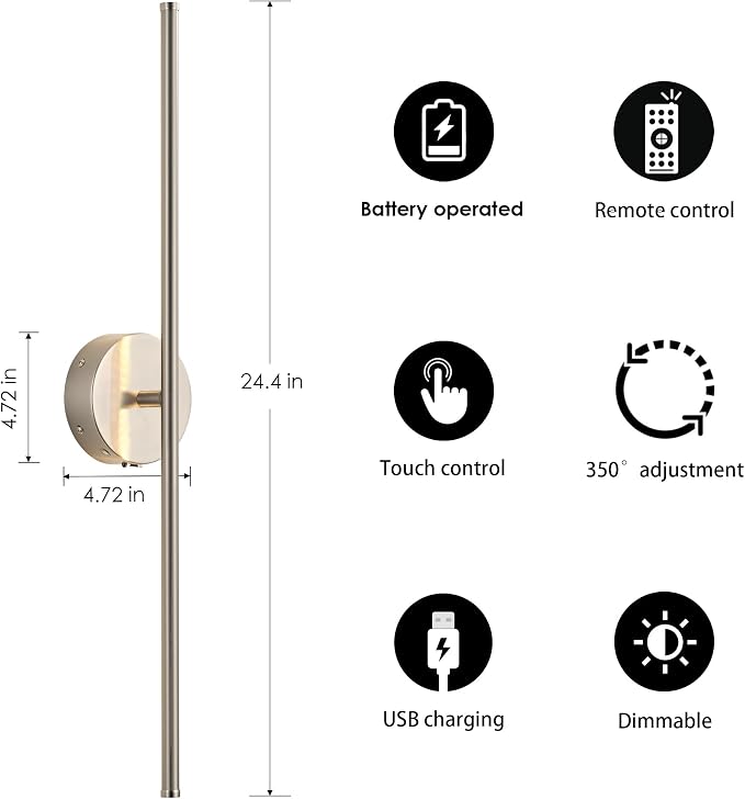 KARTOOSH Battery Operated Wall Sconces Set of Two Wireless Wall Lights | Rechargeable Wall Sconce with Remote 350°Rotate Dimmable 3000K LED Wall Lamp for Living Room, Bedroom