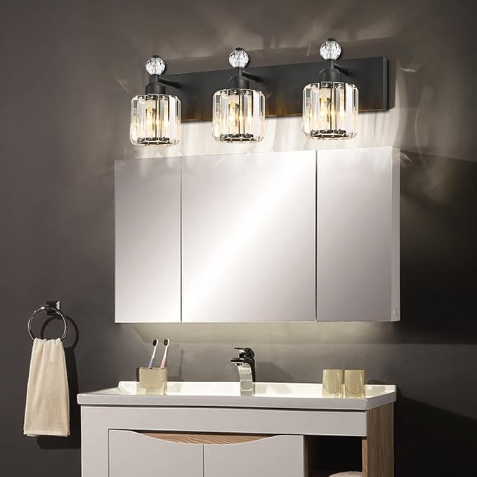 PRESDE Crystal 3 Light Bathroom Vanity Lights Modern Matte Black Bathroom Lights Fixtures Over Mirror Wall Lamp for Bath Bedroom Hallway