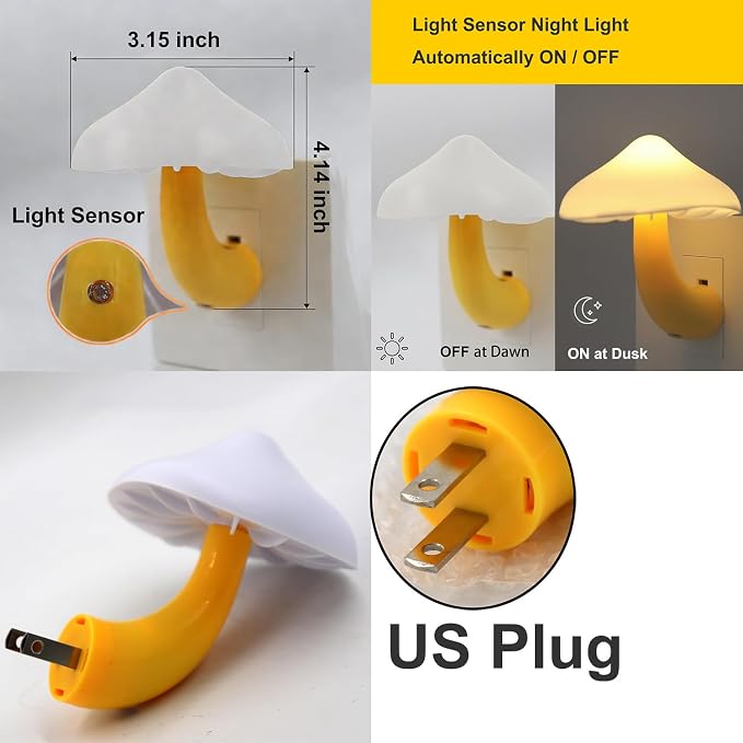 4 Pack LED Mushroom Night Light Plug in Lamp,Light Sensor | Color Change Dusk to Dawn Sensor,Night Lights Plug into Wall,NightLight for Adults Kids Bedroom Bathroom Hallway Kitchen