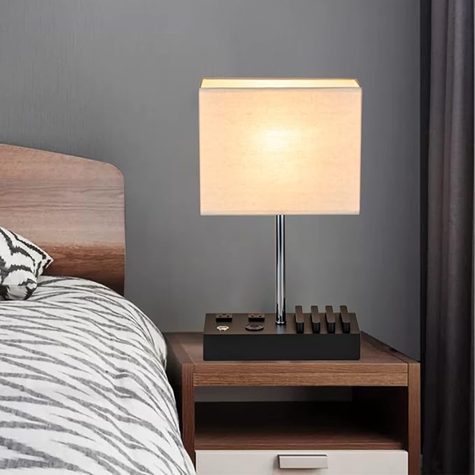 Briever Upgraded 3 USB Table Lamp with 2 USB A & C Charging Ports, Bedside Desk Lamp with 2 AC Outlets and Wooden Phone Stand Organizer, Nightstand Lamp for Bedroom, Living Room, Office, Silver Base