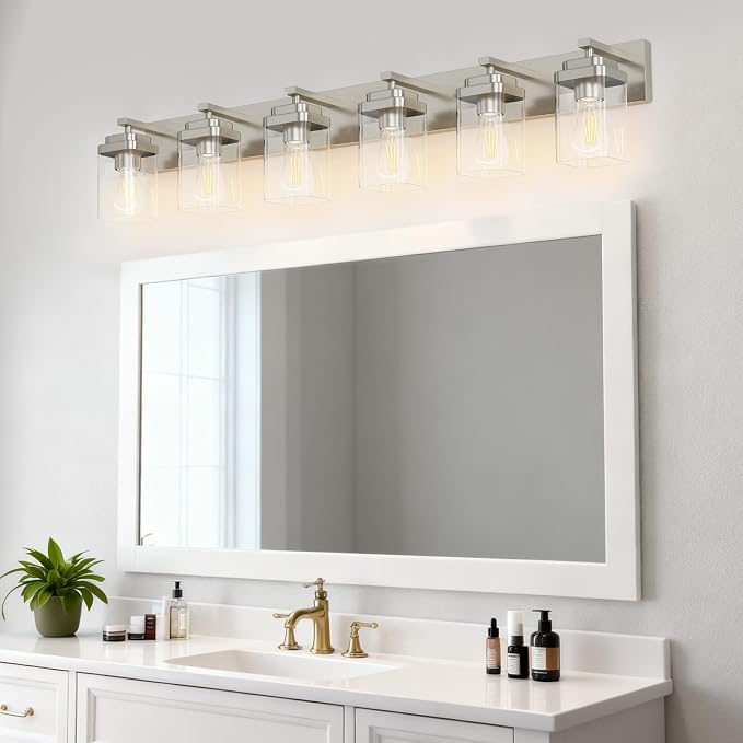 Brushed Nickel Bathroom Light Fixtures, 6 Lights Bathroom Lighting Fixtures Over Mirror, Square Design & Rectangle Large Backplate, Modern Vanity Lighting Fixtures, for Living Room/Bedroom