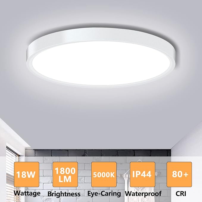 LED Ceiling Light Fixture Flush Mount, 9inch Low Profile Ceiling Light | 18W 5000K, Slim Flat Surface Mount Ceiling Lights for Bedroom Kitchen Hallway Laundry Stairwell Basement Closet White