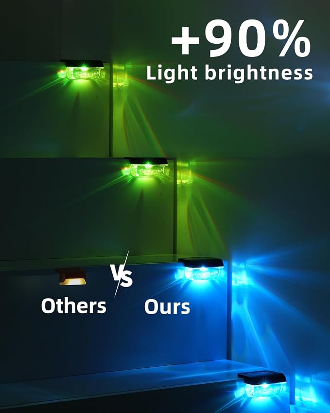 Herzila 16 Pack Solar Fence Lights, RGB Color Changing Christmas Fence Solar Light, Waterproof Deck Lights for Step, Stair, Pool and Yard