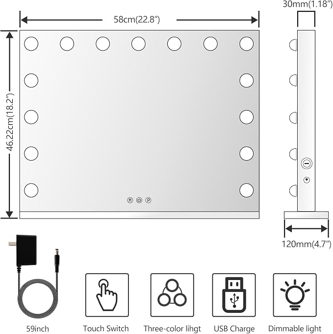 Gvnkvn Vanity Mirror with Lights Lighted Makeup Mirror with 15 Dimmable LED Bulbs,3 Color Lighting Modes,USB Charging Port Touch Control,Sturdy Metal Frame Design 24x18 Inch,White